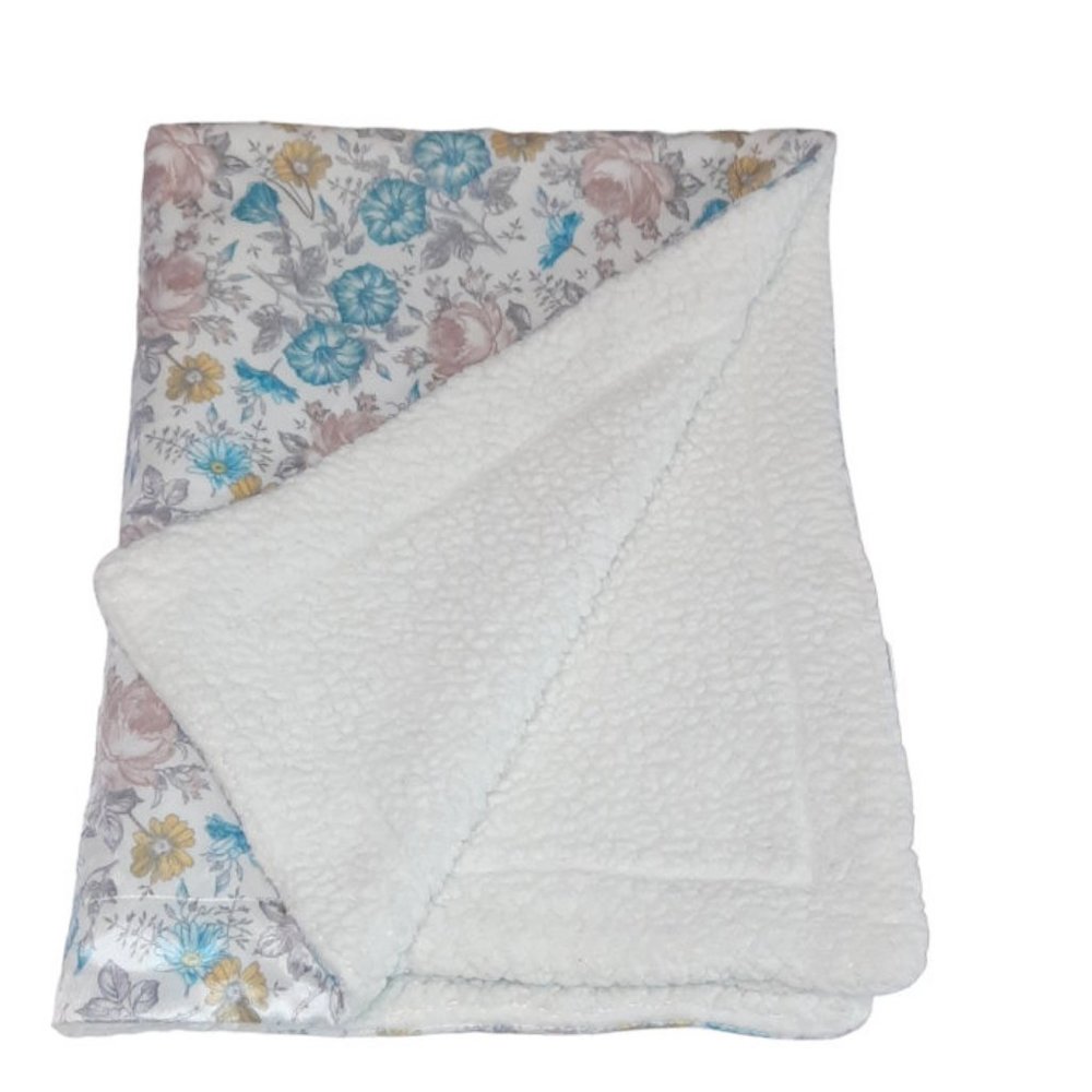 Lila & Jack Pink Blue Yellow Floral Sherpa Back Plush Blanket Lovey 40" X 32"